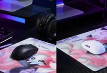 Akko Releases Dash Master Gaming Mouse With 40g Shell, PAW3955 Sensor and 8K Polling Black and white Akko Dash Master gaming mouse on anime-themed mousepad setup