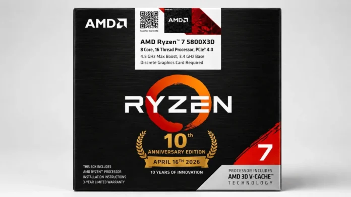 AMD Ryzen 7 5800X3D 10th Anniversary Edition retail box with Ryzen branding and AMD 3D V-Cache technology label