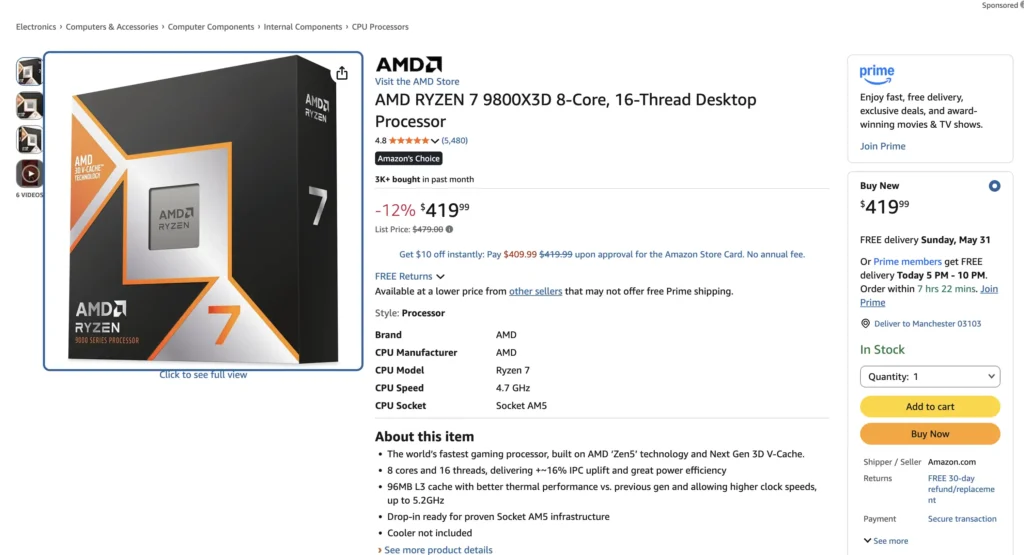 Deal | AMD Ryzen 7 9800X3D Drops to $419, 9850X3D Now Just $458 1 Amazon product page for AMD Ryzen 7 9800X3D desktop processor with pricing details