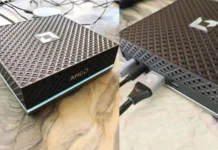AMD Ryzen AI Halo Box With Max+ 395, June Release Window Expected AMD Ryzen AI Halo Box mini PC with textured top panel and illuminated front edge placed on desk