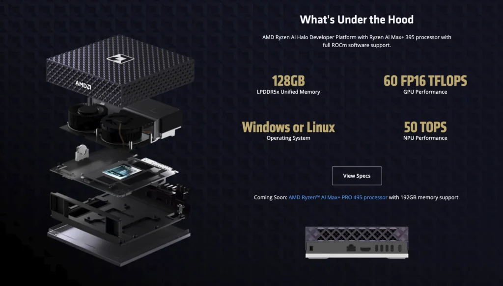 AMD Releases Ryzen AI Halo With 128GB Memory and Ryzen AI Max+ 395 1 exploded internal view of AMD Ryzen AI Halo Developer Platform showing cooling system motherboard and compact desktop chassis with Ryzen AI Max Plus 395 specifications