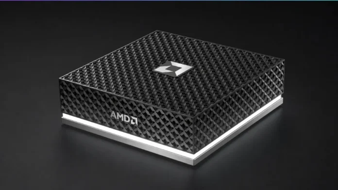 AMD Ryzen AI Halo Developer Platform compact AI desktop compact AMD Ryzen AI Halo Developer Platform mini PC with geometric black chassis design displayed on dark background