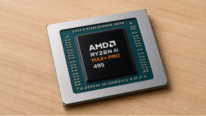 AMD Ryzen AI Max Plus PRO 495 processor chip close-up showing AI-focused laptop CPU design
