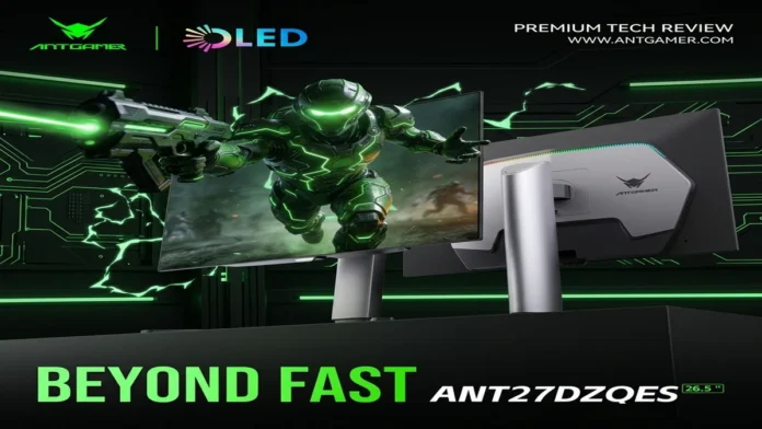 antgamer-ant27dzqes-woled-gaming-monitor Front and rear design view of the Ant Esports ANT27DZQES OLED gaming monitor