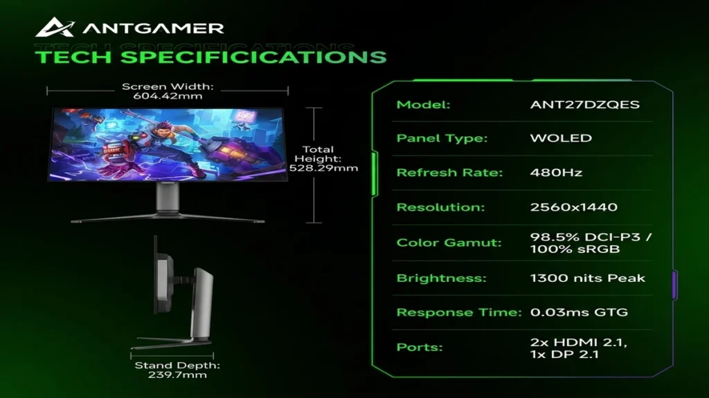 Ant Esports ANT27DZQES Gaming Monitor Debuts with 480Hz WOLED Panel 2 Technical specification chart for the Ant Esports ANT27DZQES 480Hz WOLED gaming monitor