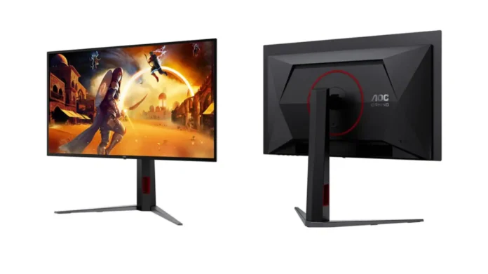 AOC Q27G4KDP monitor showing front display with gameplay and rear panel design with stand