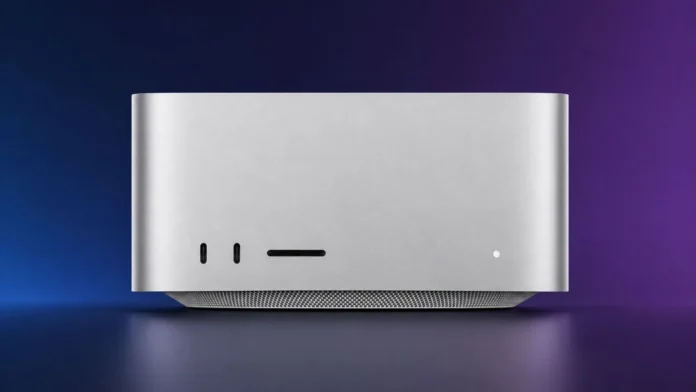 Apple Mac mini front view showing USB-C ports, headphone jack, and compact aluminum design