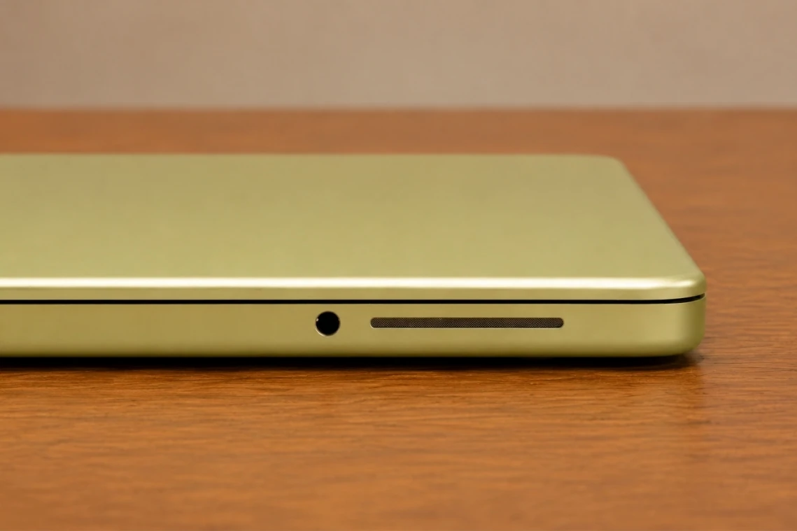 Close-up view of Apple MacBook Neo 13 showing headphone jack and speaker grille