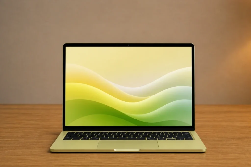Front view of Apple MacBook Neo 13 in green finish placed on a wooden table with display turned on.