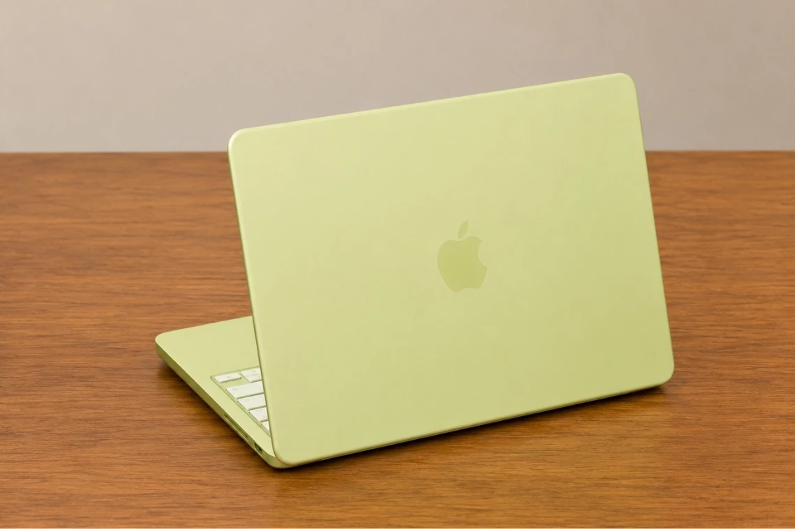 Rear angled view of Apple MacBook Neo 13 in light green color with Apple logo visible.