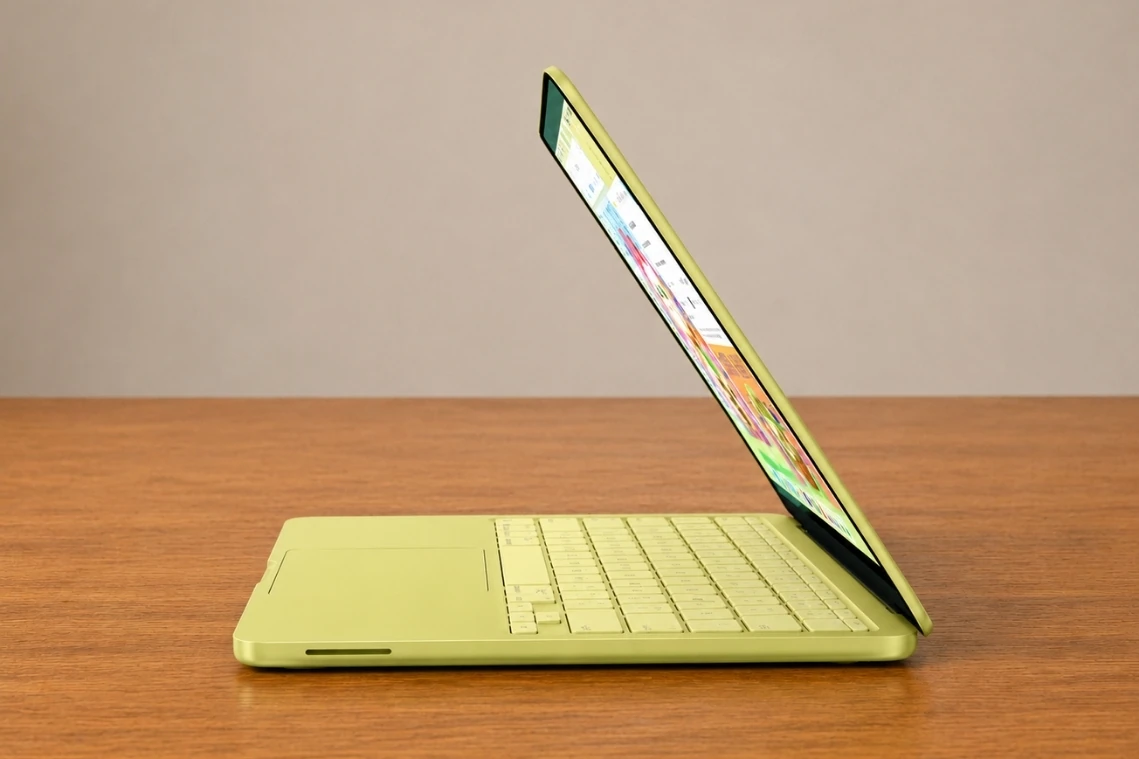 Side profile of Apple MacBook Neo 13 highlighting its slim chassis design