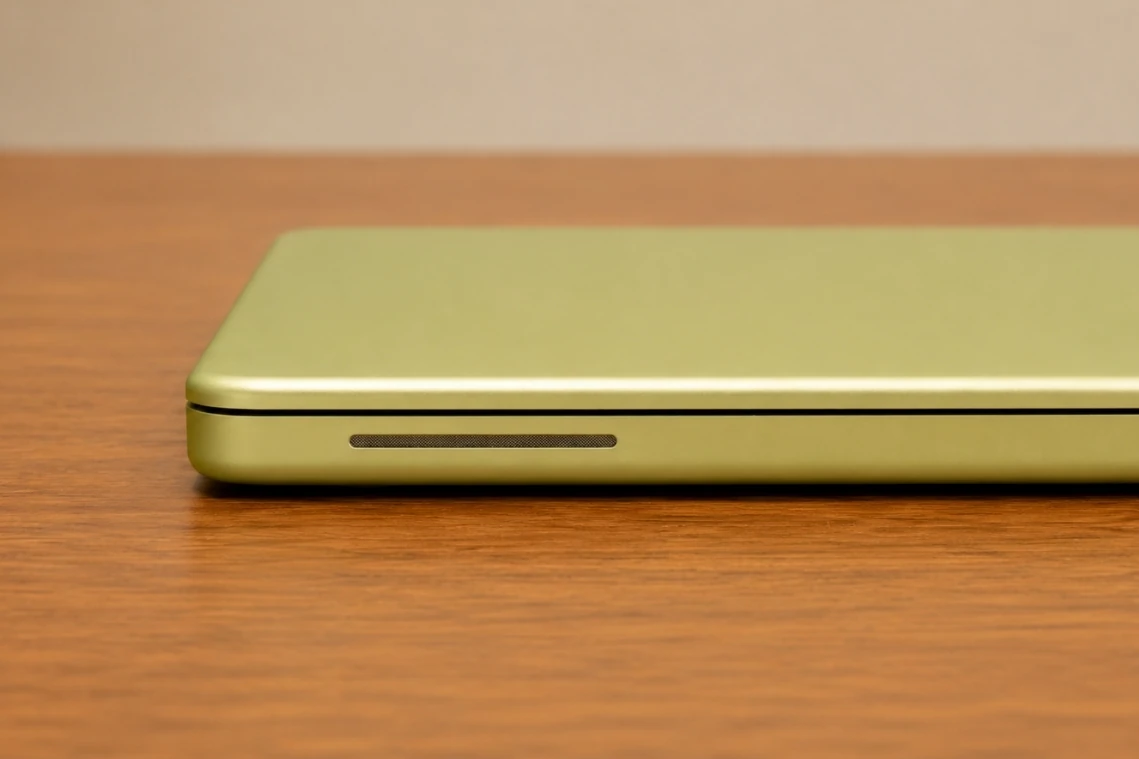 Close-up of the left-side speaker grille on Apple MacBook Neo 13.