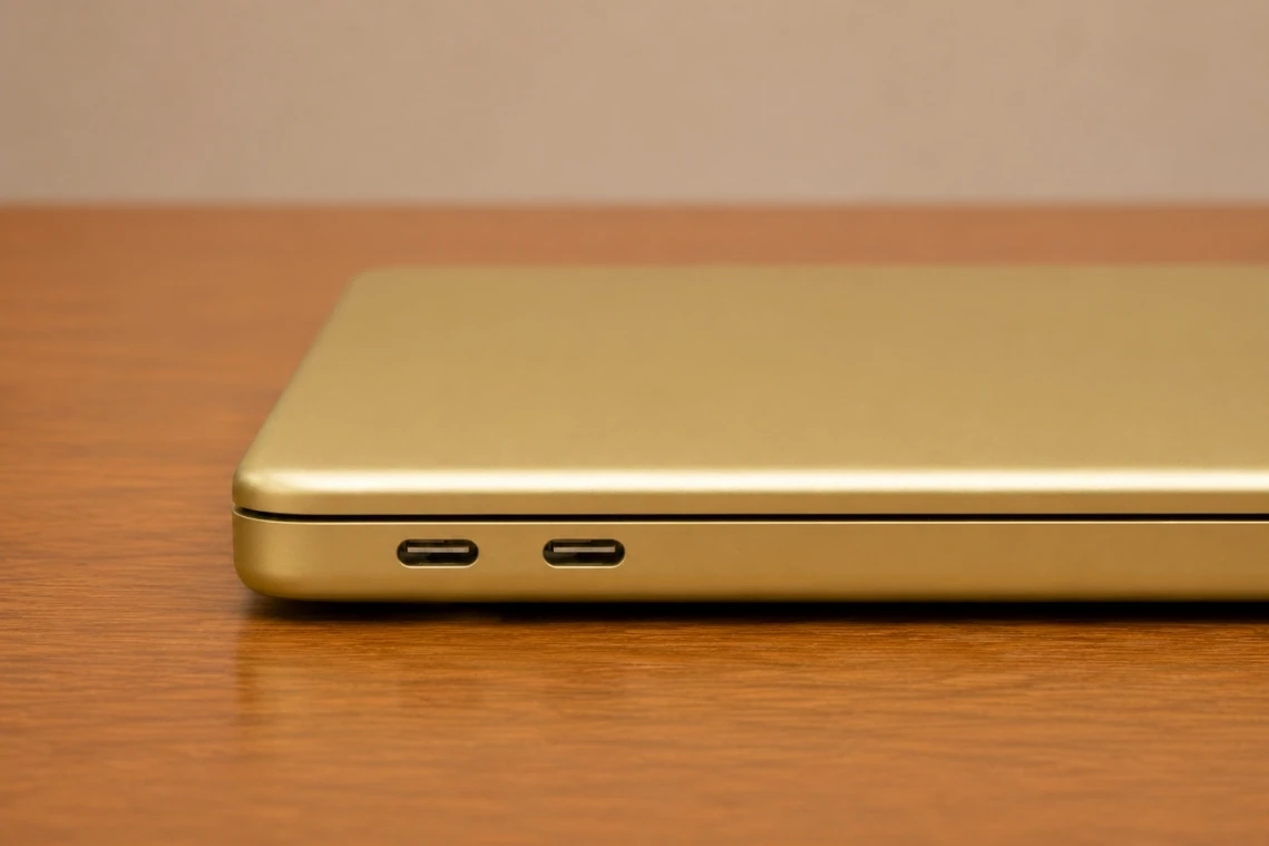 Close-up of dual USB-C ports on the Apple MacBook Neo 13.