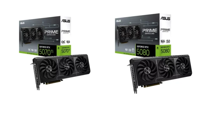 ASUS Prime GeForce RTX 5070 Ti and RTX 5080 graphics cards with retail boxes and triple fan design