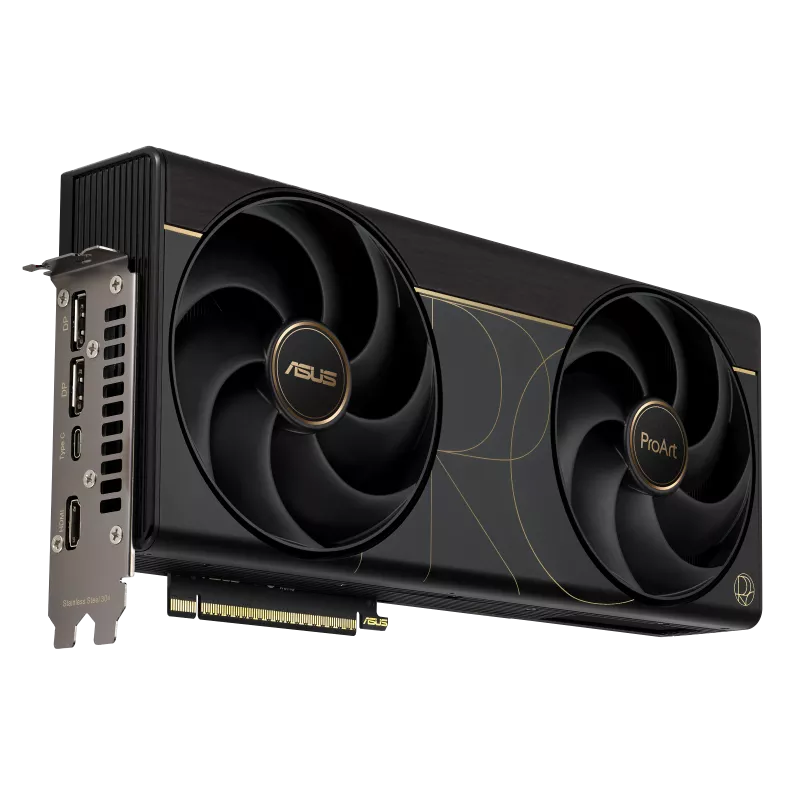 ASUS ProArt GeForce RTX 5090 graphics card angled view with display outputs and USB Type C port