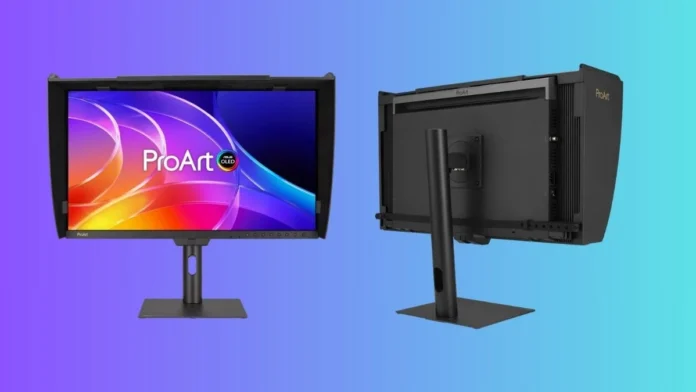 ASUS ProArt OLED monitor showing front display and rear design with professional stand setup