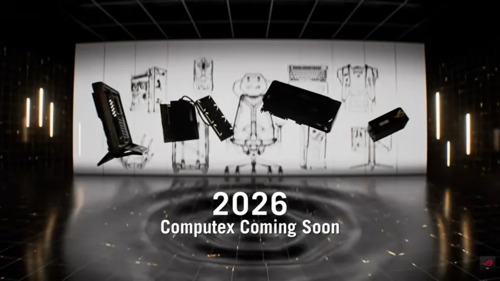 ASUS ROG 20th anniversary teaser image for Computex 2026 showing upcoming gaming hardware silhouettes