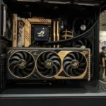 ASUS Teases Black-Gold ROG Astral RTX 50 BTF GPU for ROG 20th Anniversary 2 ASUS ROG Astral RTX 50 black and gold graphics card installed inside a gaming PC at Computex 2026
