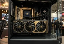 ASUS Teases Black-Gold ROG Astral RTX 50 BTF GPU for ROG 20th Anniversary ASUS ROG Astral RTX 50 black and gold graphics card installed inside a gaming PC at Computex 2026