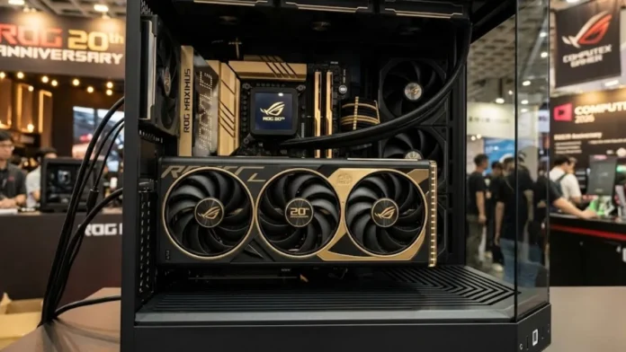 ASUS ROG Astral RTX 50 black and gold graphics card installed inside a gaming PC at Computex 2026