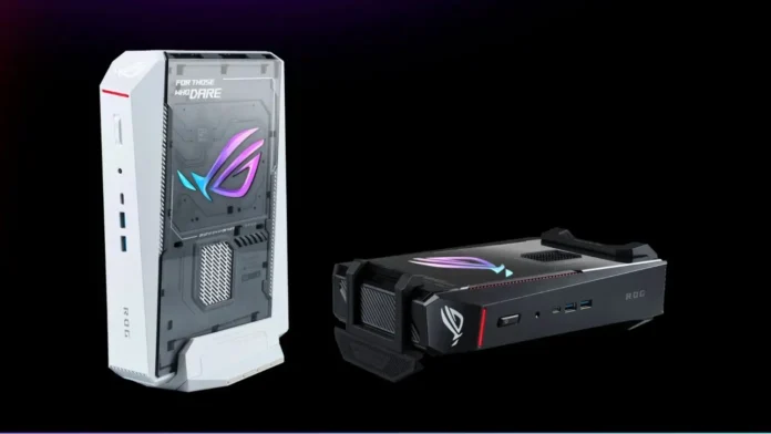 ASUS ROG NUC 2026 gaming mini PC ASUS ROG NUC 2026 compact gaming mini PC shown in vertical and horizontal orientation with RGB lighting