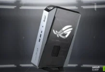 ASUS ROG NUC Mini PC Teased With RTX 5080, Arrow Lake Refresh Expected ASUS ROG NUC Mini PC shown in angled view with illuminated ROG logo and compact gaming chassis