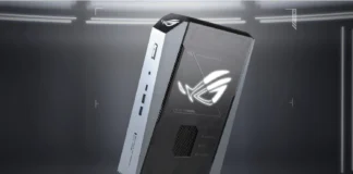 ASUS ROG NUC Mini PC Teased With RTX 5080, Arrow Lake Refresh Expected ASUS ROG NUC Mini PC shown in angled view with illuminated ROG logo and compact gaming chassis