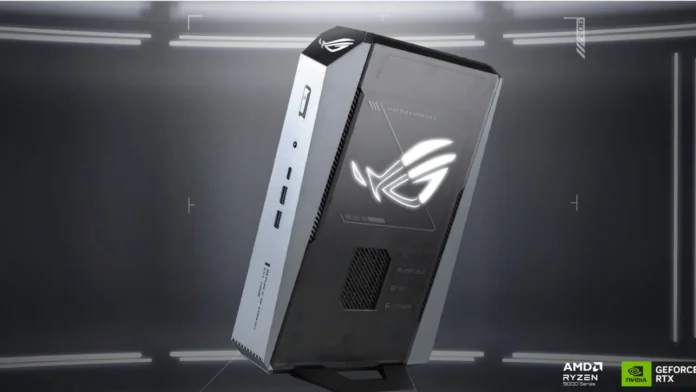 ASUS ROG NUC Mini PC shown in angled view with illuminated ROG logo and compact gaming chassis