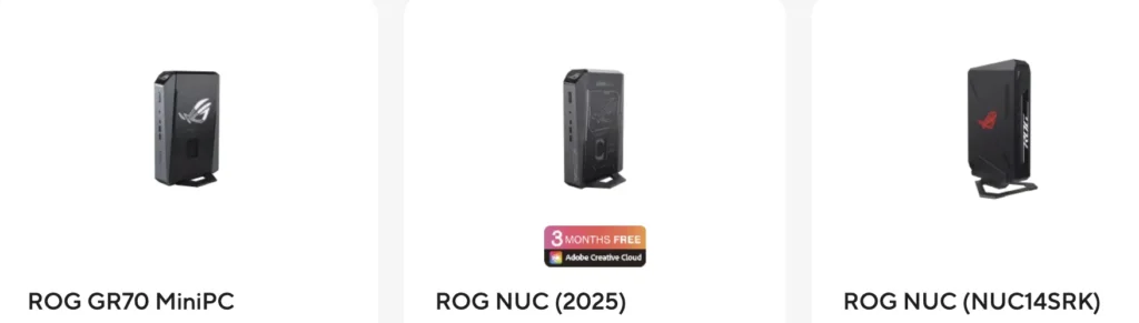 ASUS ROG NUC Mini PC lineup showing GR70 Mini PC and NUC 2025 and NUC14SRK models