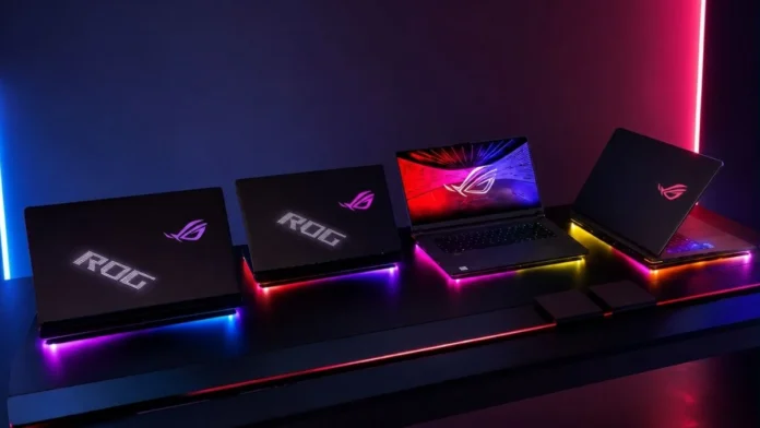 ASUS ROG Strix G10 gaming laptops with RGB lighting setup