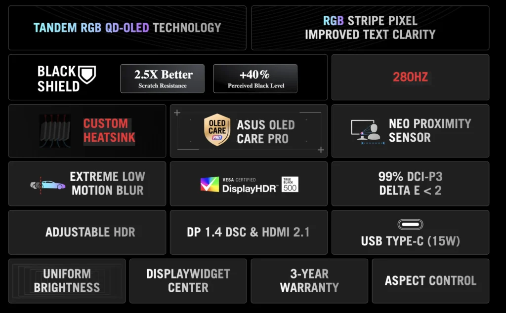 Key features of ASUS ROG Strix OLED XG34WCDMS gaming monitor with 280Hz QD-OLED panel