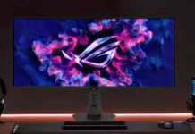 ASUS Brings ROG Strix OLED XG34WCDMS Gaming Monitor With BlackShield Film ASUS ROG Strix OLED XG34WCDMS ultrawide OLED gaming monitor on desk setup