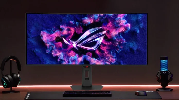 ASUS ROG Strix OLED XG34WCDMS ultrawide OLED gaming monitor on desk setup