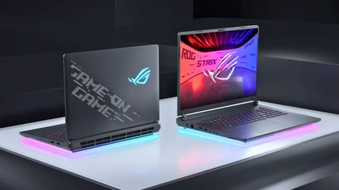 ASUS ROG Strix SCAR 18 gaming laptop with RGB light bar and illuminated ROG logo