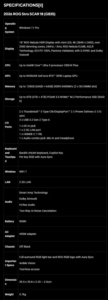 ASUS ROG Strix SCAR 18 specifications with 4K 240Hz Mini LED display and RTX 5090 GPU