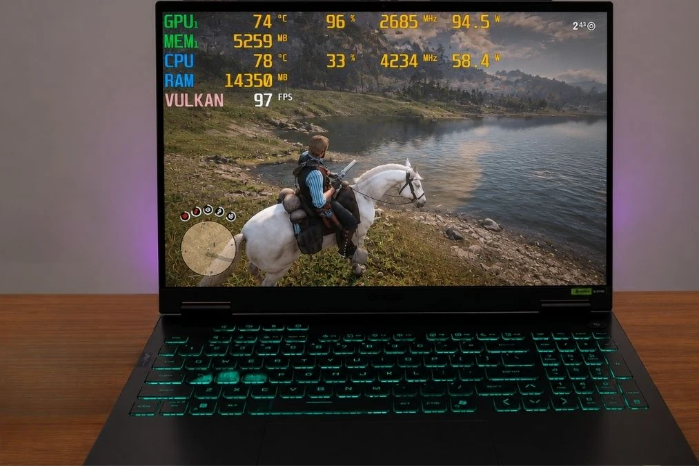 ASUS TUF Gaming F16 Review: Popular Gaming Tested 36 ASUS TUF Gaming F16 running a game benchmark with real-time GPU and CPU monitoring overlay.
