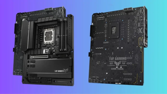 ASUS TUF GAMING Z890-BTF WIFI7 Motherboard ASUS TUF GAMING Z890-BTF WIFI7 motherboard showing front and rear hidden-connector design