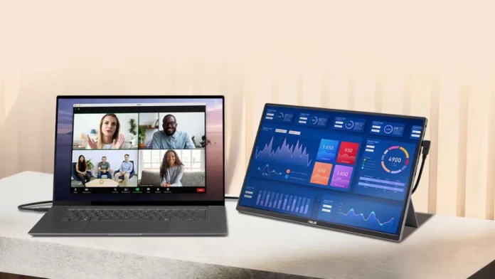 ASUS ZenScreen MQ16FC portable monitor connected to a laptop showing extended display workspace