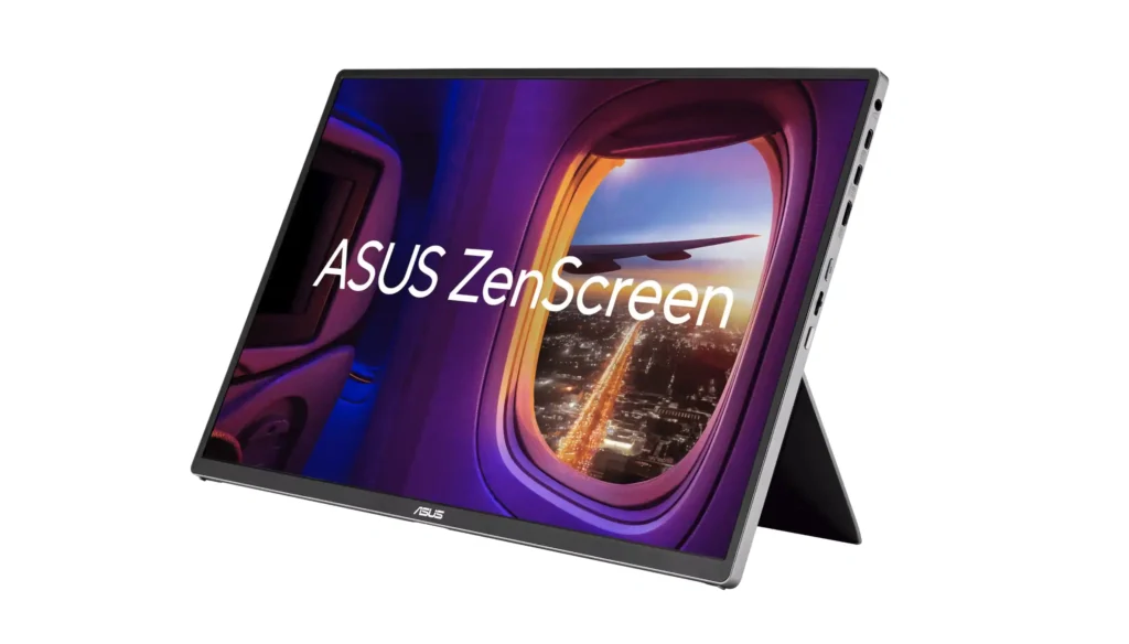 ASUS ZenScreen MQ16FC portable monitor showing display panel with slim bezels and stand
