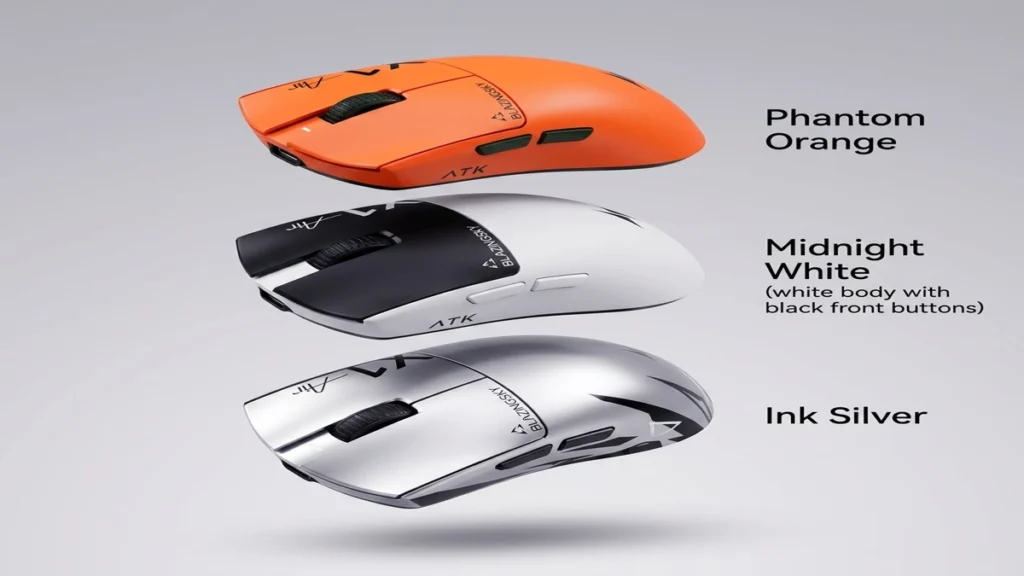 ATK X1 Air Master Edition+ Gaming Mouse Released with PAW3955 Sensor 1 ATK X1 Air Master Edition+ gaming mouse shown in Phantom Orange, Midnight White, and Ink Silver color variants