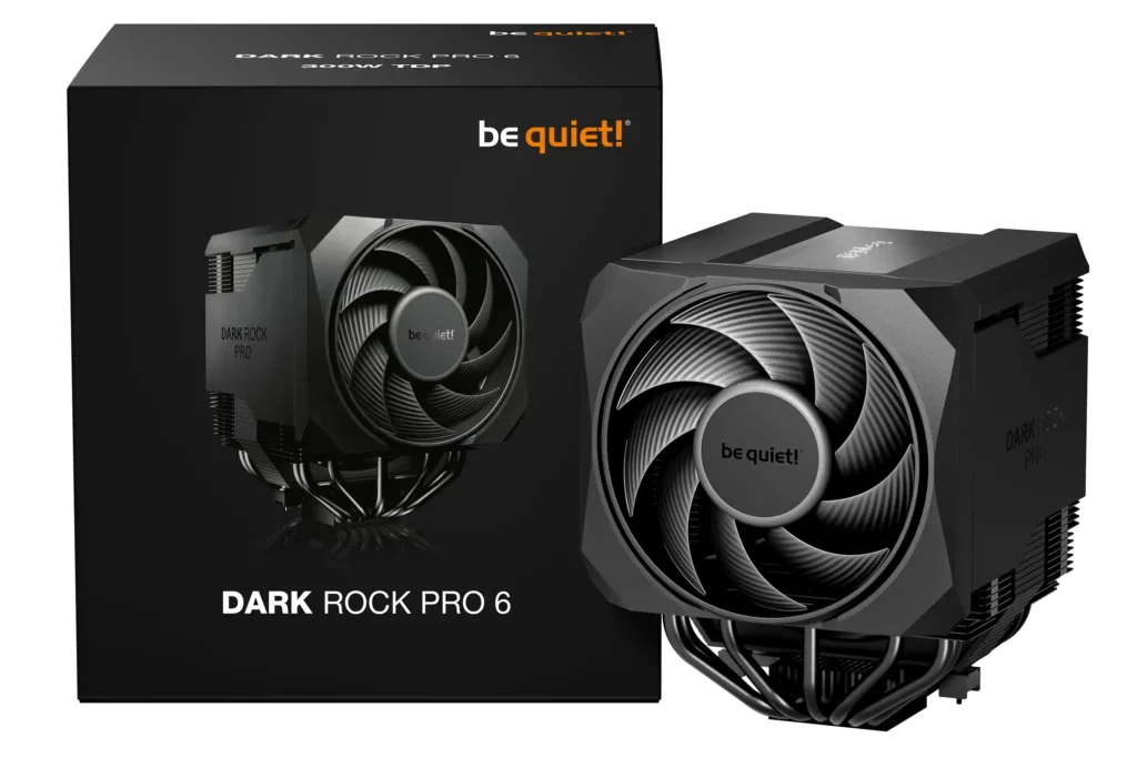 be quiet! Dark Rock Pro 6 dual tower CPU air cooler beside retail packaging
