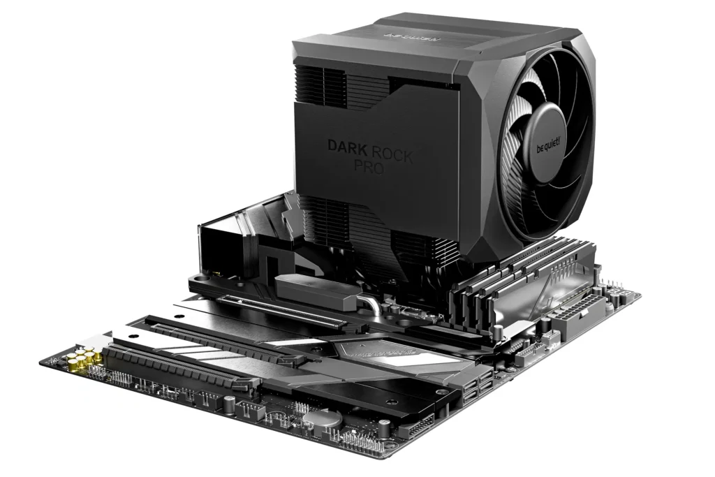 be quiet! Dark Rock Pro 6 CPU cooler mounted on a desktop motherboard with RAM slots