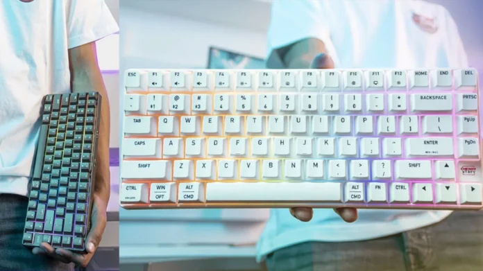Person holding Cherry XTRFY K33 compact wireless keyboard with RGB lighting