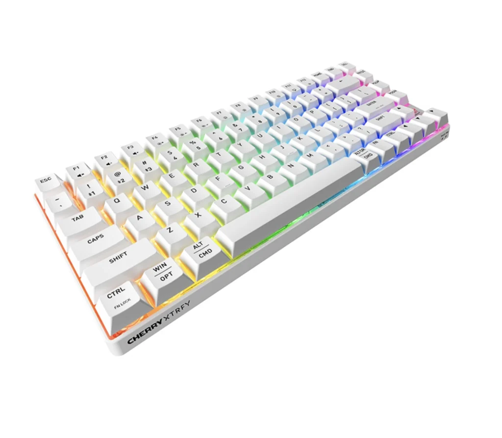 Cherry XTRFY K33 compact wireless gaming keyboard with RGB lighting in white color