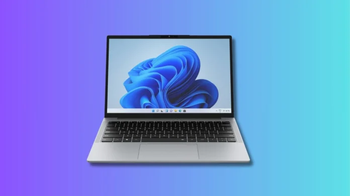 CHUWI UniBook Front View CHUWI UniBook laptop with Windows 11 wallpaper on a gradient background