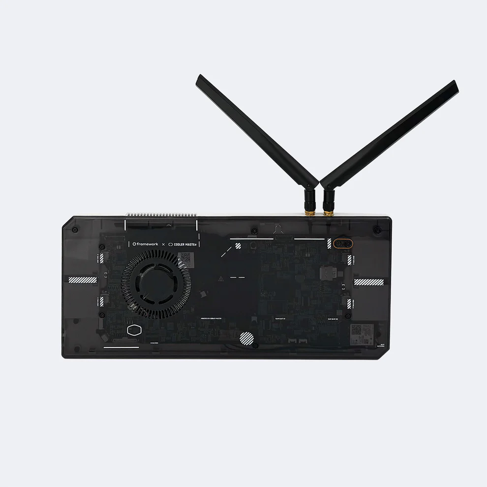 DC-ROMA RISC-V Mainboard III inside transparent Framework and Cooler Master case