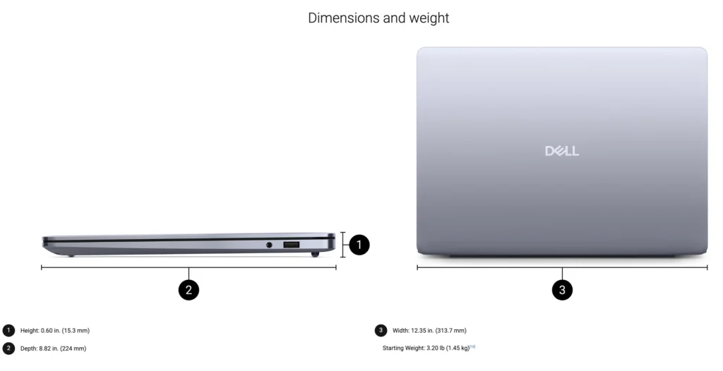 Dell 14S laptop size and weight chart showing thickness width depth and starting weight