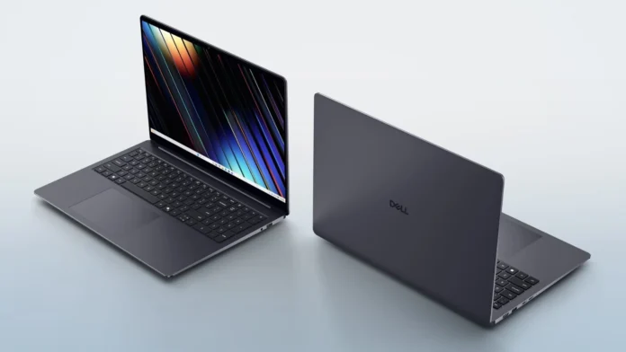 Dell 14S and 16S laptop shown in open and closed positions with slim metal design and thin bezels