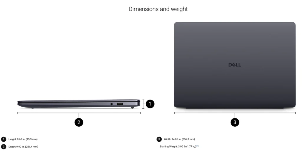 Dell 16S laptop size and weight chart showing thickness width depth and starting weight