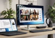Dell Pro 5 (14) P514260 Laptop Launched With OLED, Panther Lake AI Power Dell Pro 5 14 P514260 laptop connected to an external monitor showing video conferencing and multitasking workspace